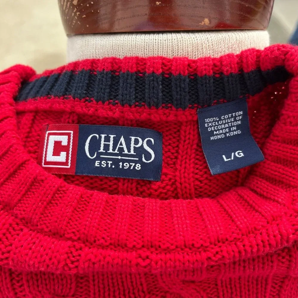 Chaps Ralph Lauren Mens Solid Red Cotton Cable‎ Knit Sweater Size Large